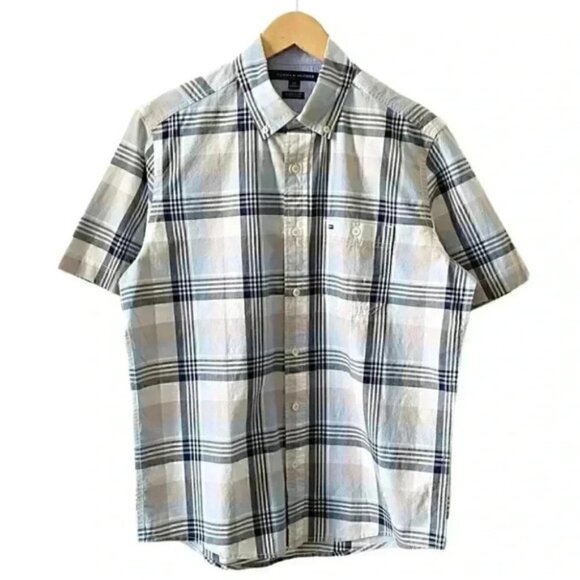 Tommy Hilfiger Mens Shirt Short Sleeve Button Down Cotton Blue Beige Plaid Small - Picture 1 of 15